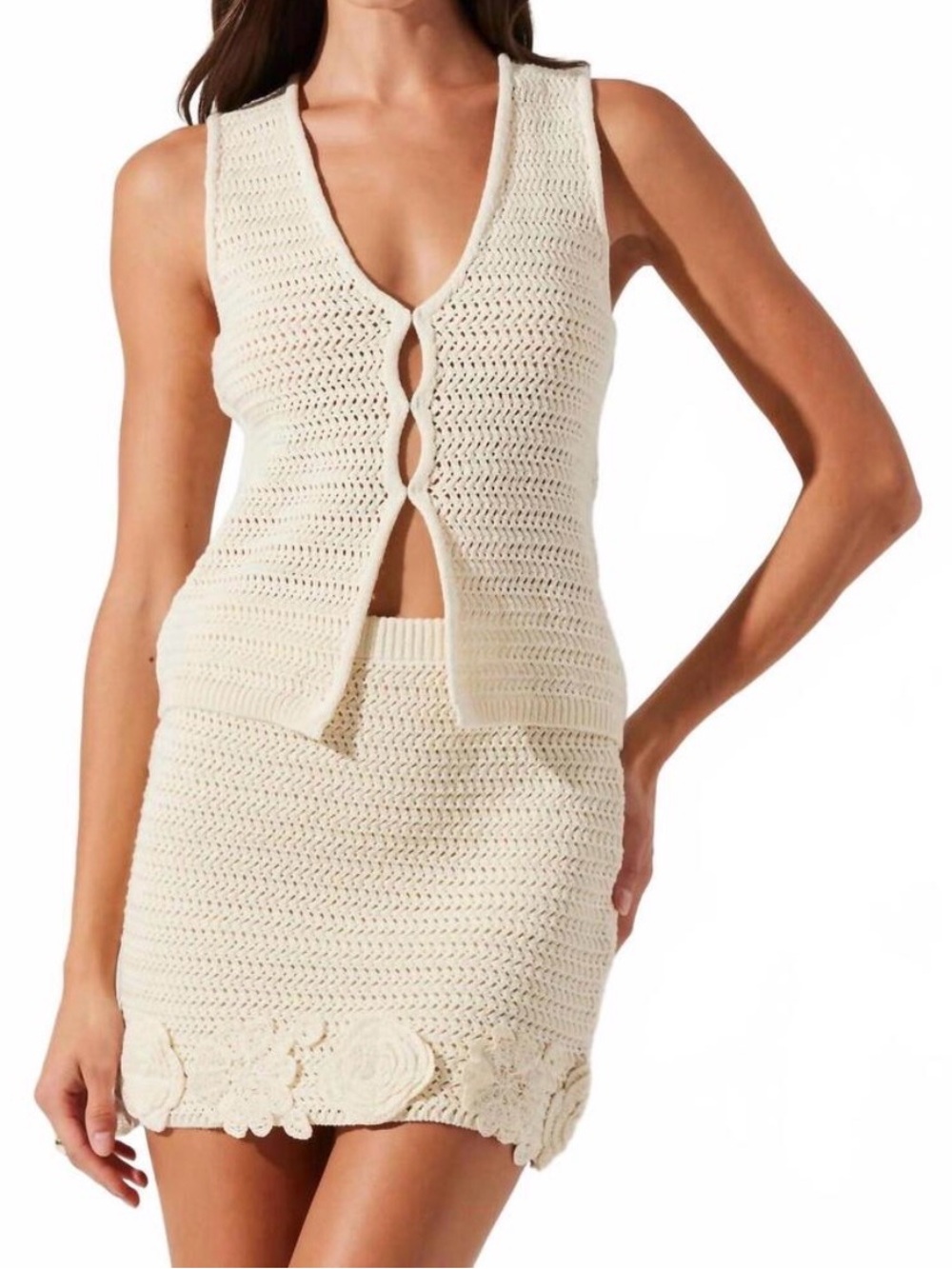 ASTR The Label Cream Crochet Knit Vest and Mini Skirt Set